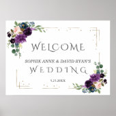 ラベンダーブルーフラワーズ結婚金ゴールドの歓迎サイン ポスター (正面)