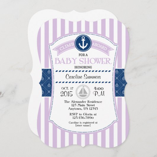 ラベンダーブルー航海のベビーシャワー招待状 招待状 (正面/裏面)