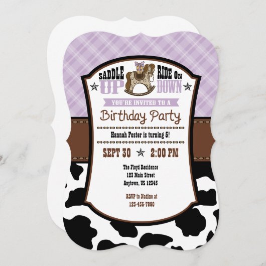 ラベンダープレイドコウィドカウボーイ誕生日招待状 招待状 (正面/裏面)
