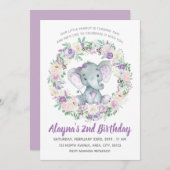 ラベンダーベビーエレファント誕生日招待状 招待状 (正面/裏面)