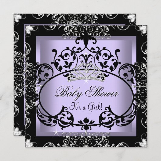 ラベンダーベビーシャワーガールプリンセスティアラレース 招待状 (正面/裏面)