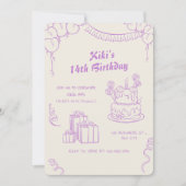 ラベンダーベージュお洒落14誕生祝い 招待状 (正面)