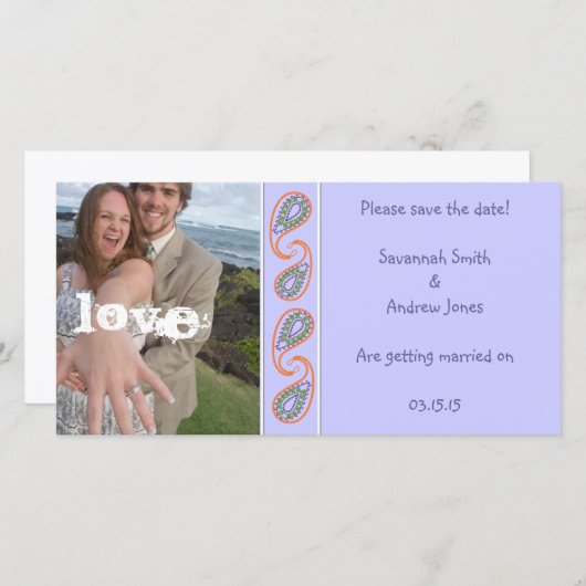 ラベンダーペイズリー写真の日付を保存 セーブザデート (正面/裏面)