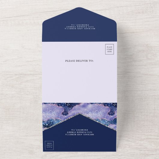 ラベンダーペリウィンクルグリッターアゲートマーブル結婚ズ オールインワン招待状 (外側)