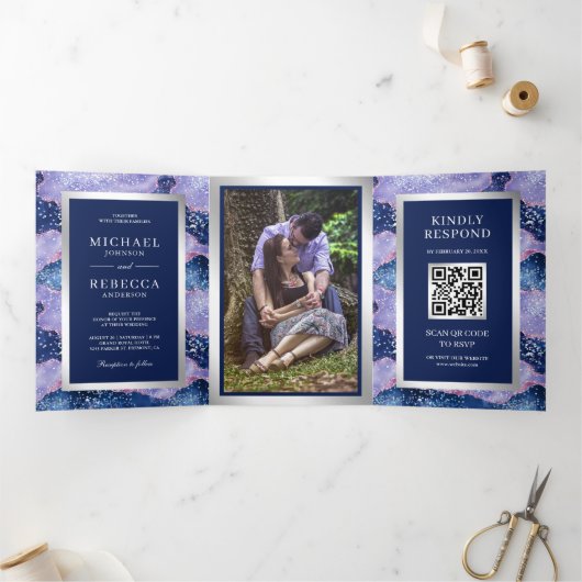 ラベンダーペリウィンクルAgate大理石QRコ結婚ード 三つ折り招待状 (内部)