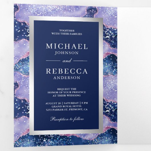 ラベンダーペリウィンクルAgate大理石QRコ結婚ード 三つ折り招待状 (内部最初)