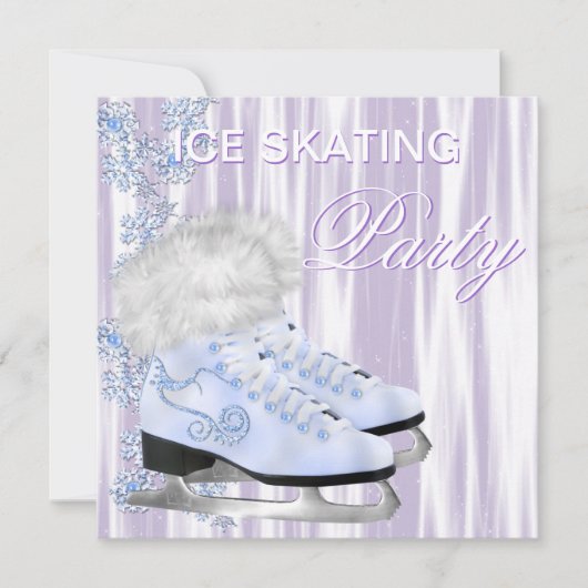 ラベンダーホワイトスノーフレークススケートアイススケートで滑るパーティー 招待状 (正面)