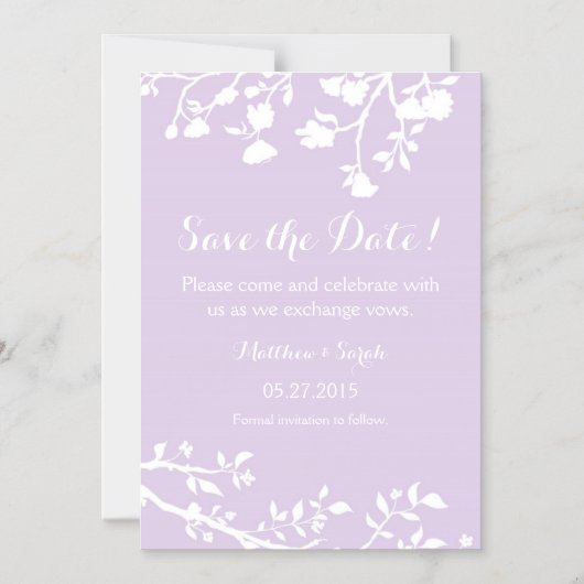 ラベンダーホワイトフラワー日付磁石を保存 マグネット招待状 (正面)