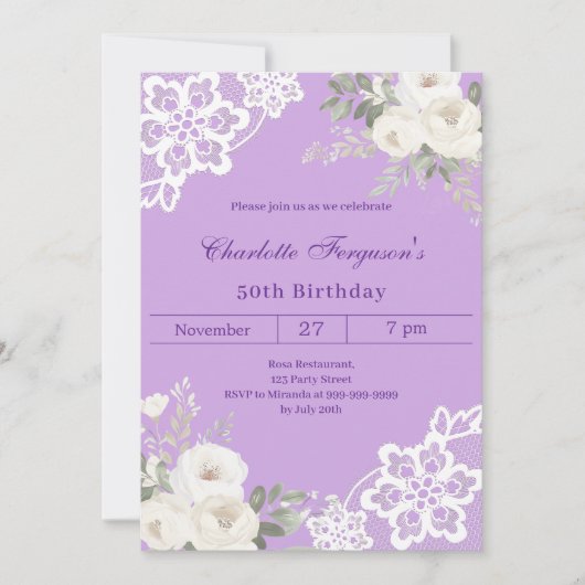 ラベンダーホワイトローゼレース誕生日 招待状 (正面)