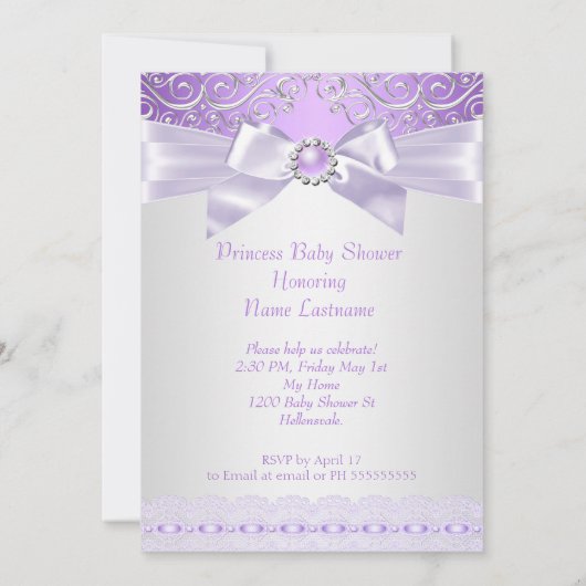 ラベンダーホワイト薄紫プリンセスベビーシャワー民族 招待状 (裏面)