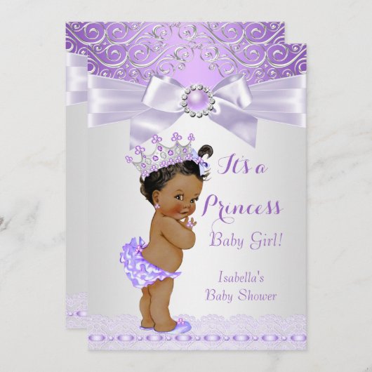 ラベンダーホワイト薄紫プリンセスベビーシャワー民族 招待状 (正面/裏面)