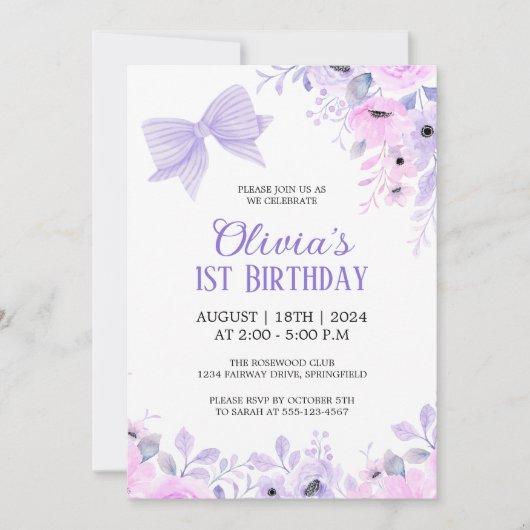 ラベンダーボウとフローラ水の色1st誕生日 招待状 (正面)