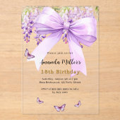 ラベンダーボウ花模様蝶澄ん誕生日 アクリル招待状 (正面)