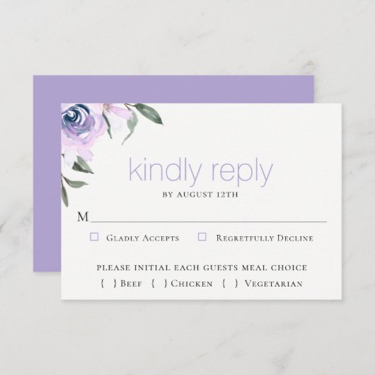 ラベンダーボタニカルウェディングRSVP食事選択カード 出欠カード (正面/裏面)