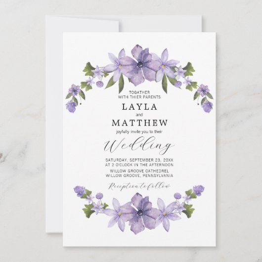 ラベンダーボタニカルフローラエレガントな結婚式 招待状 (正面)