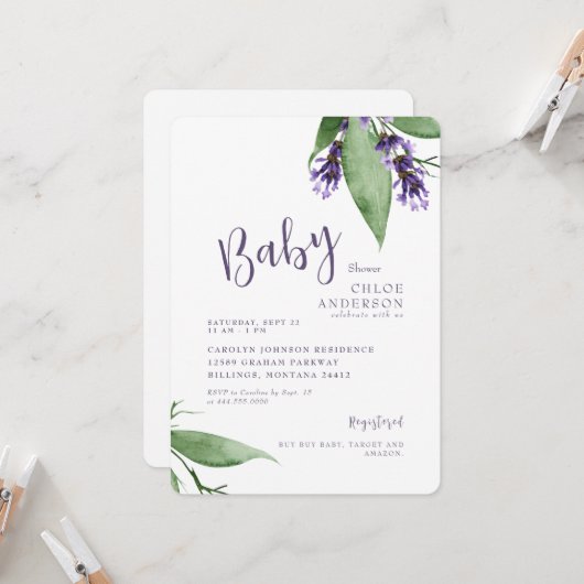 ラベンダーボタニカルベビーガールシャワー 招待状 (正面/裏面インサイチュ)