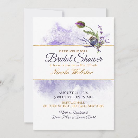 ラベンダーポピー結婚ウォーターカラーブライダルシャワー 招待状 (正面)
