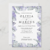ラベンダーミスト水の色のトロピカル葉結婚 招待状 (正面)