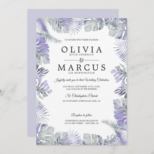 ラベンダーミスト水の色のトロピカル葉結婚 招待状 (正面/裏面)