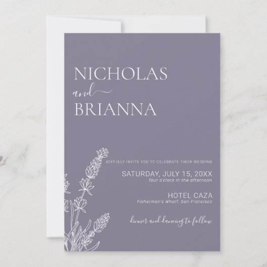 ラベンダーミニマリスト結婚ボホエレガントズ 招待状 (正面)