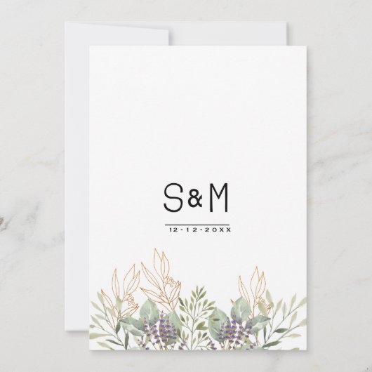 ラベンダーミントグリーン金ゴールドグリッター結婚フローラ 招待状 (裏面)