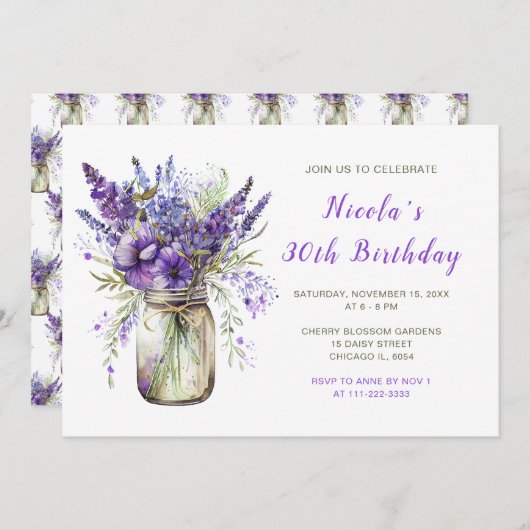 ラベンダーメイソンジャールバースデーパーティー 招待状 (正面/裏面)