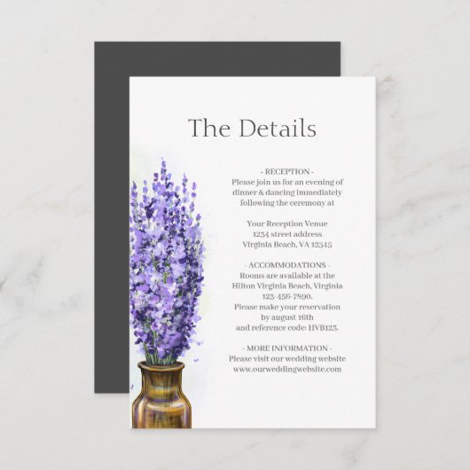 ラベンダーモダン花フローラ結婚詳細 エンクロージャーカード (正面/裏面)