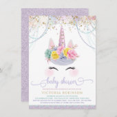 ラベンダーユニコーンガールベビーシャワー 招待状 (正面/裏面)