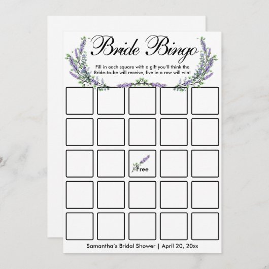 ラベンダーユーカリエレガントブライダルビンゴゲームカード 招待状 (正面/裏面)