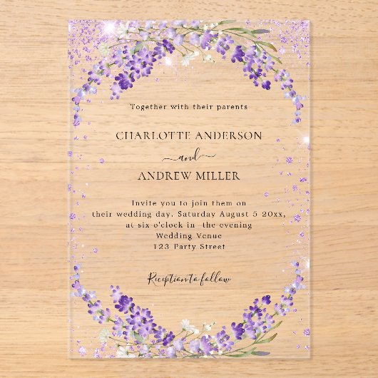 ラベンダーユーカリプタス夕べ結婚ズ アクリル招待状 (正面)