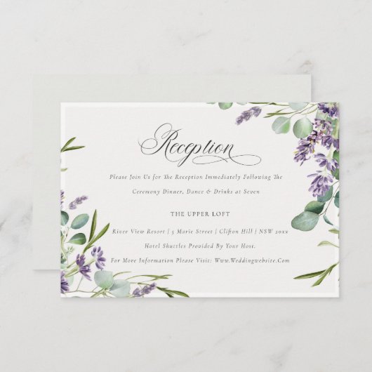 ラベンダーユーカリプトゥスの葉のウェディングレセプション エンクロージャーカード (正面/裏面)