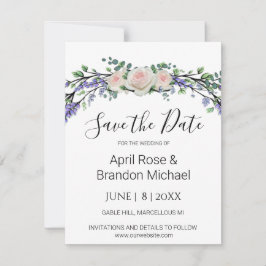 ラベンダーユーカリプトゥスピンク白いバラの日付を保存 セーブザデート