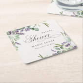 ラベンダーユーカリプトゥス葉状葉ブライダルシャワー スクエアペーパーコースター (アングル)