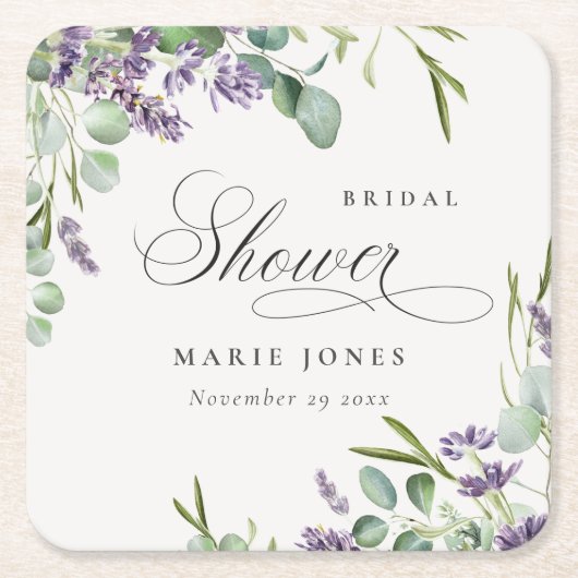 ラベンダーユーカリプトゥス葉状葉ブライダルシャワー スクエアペーパーコースター (正面)