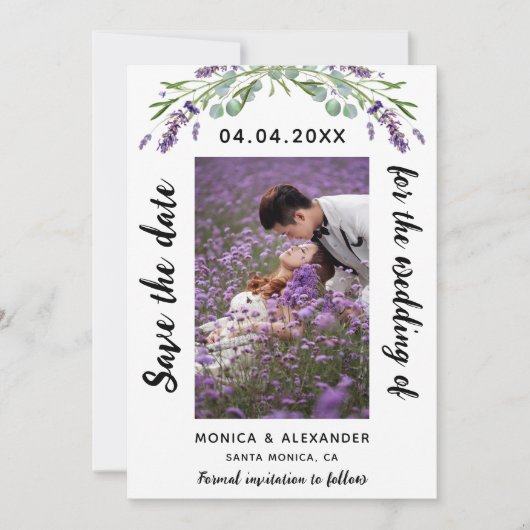 ラベンダーユーカリ写真結婚式の日付を保存 セーブザデート (正面)