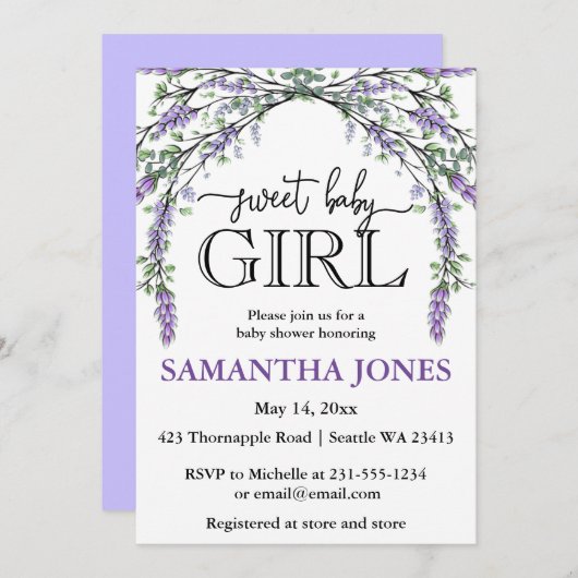 ラベンダーユーカリ水彩色ベビーシャワーインビータ 招待状 (正面/裏面)