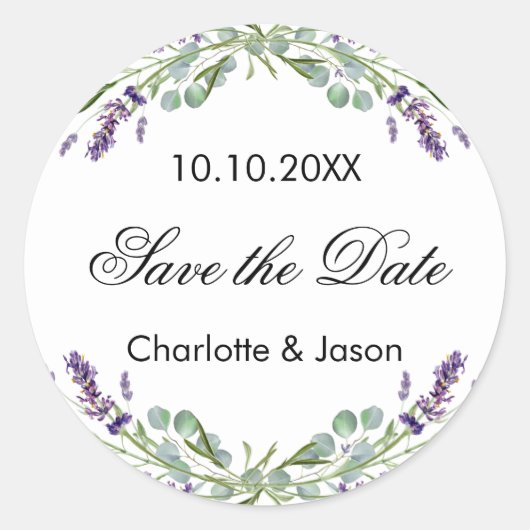ラベンダーユーカリ結婚式の日付を保存 ラウンドシール (正面)