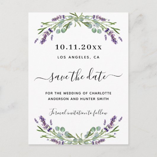 ラベンダーユーカリ結婚式の日付を保存 案内ポストカード (正面)