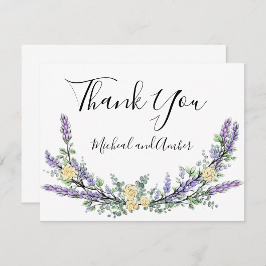 ラベンダーユーカリ黄色のバラエレガントスクリプト サンキューカード (正面/裏面)