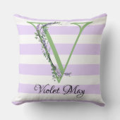ラベンダーライトパープルホワイトストリップモノグラム クッション (正面)