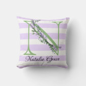 ラベンダーライトパープルホワイトストリップモノグラム クッション (正面)