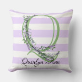 ラベンダーライトパープルホワイトストリップモノグラム クッション (正面)
