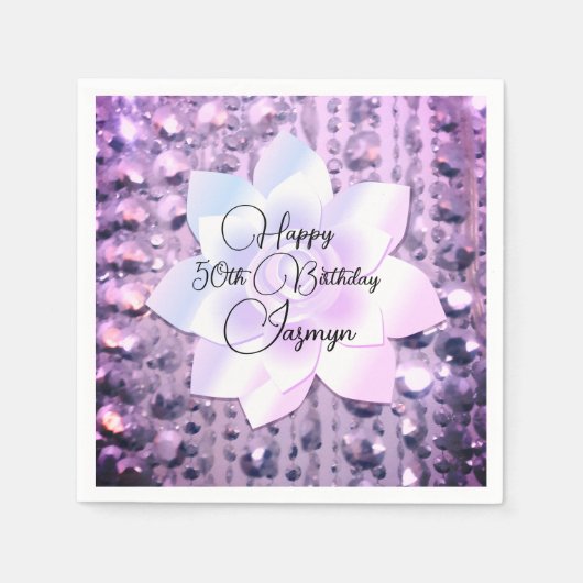 ラベンダーラインストーンズパーソナライズされた誕生日 スタンダードカクテルナプキン (正面)