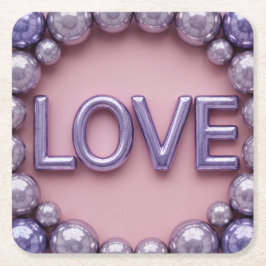 ラベンダーラブバルーン文字ピンクコースターセット スクエアペーパーコースター