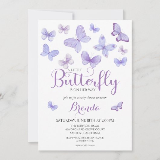 ラベンダーリトルバタフライガールベビーシャワー 招待状 (正面)