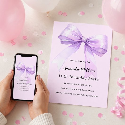 ラベンダーリボンのピンクコケットガール誕生日 招待状
