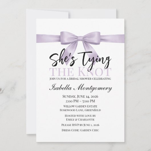 ラベンダーリボンの「She’s Tying the Knot」テーマ 招待状 (正面)