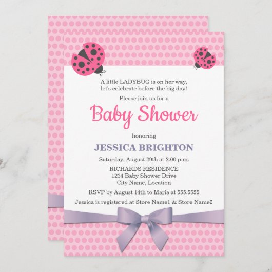 ラベンダーリボンベビーシャワー付きピンクのラディバグ 招待状 (正面/裏面)