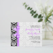 ラベンダーリボン ブラック アンド ホワイト ダマスク ウェディング 招待状 (スタンド正面)