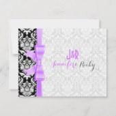 ラベンダーリボン ブラック アンド ホワイト ダマスク ウェディング 招待状 (裏面)